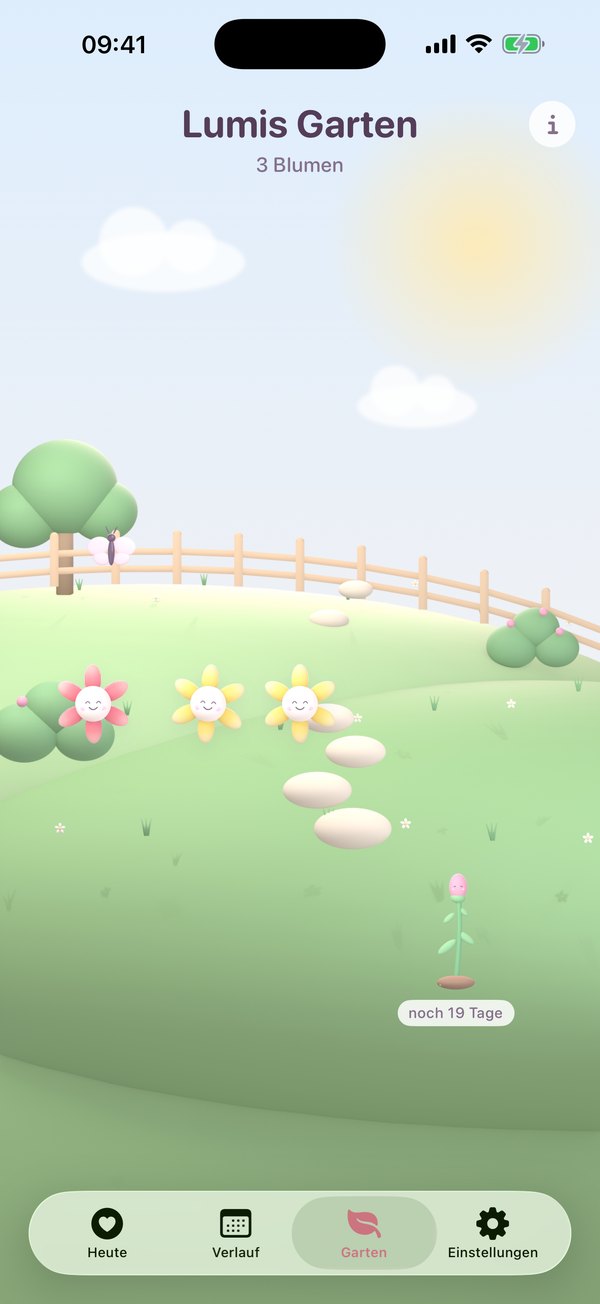 Lumis Garten mit drei Blumen und einem Spross