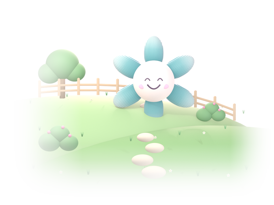 Lumi, eine kleine Blume mit lächelndem Gesicht, steht in ihrem Garten am Zaun